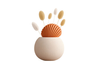Minimalist clay vase with dried lagurus grass and coral sculpture decoration, cut out