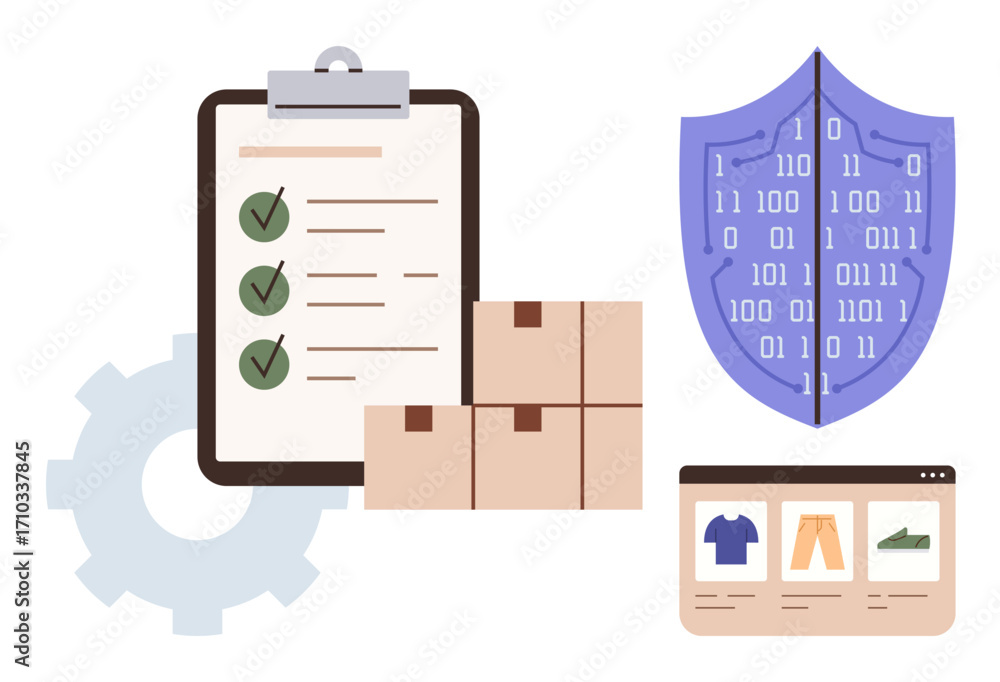 Poster checklist with green checkmarks, cardboard boxes, cybersecurity shield with binary code, online shop