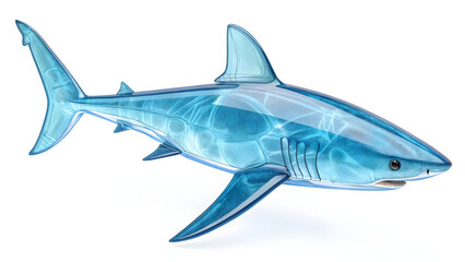 Fototapeta premium Futuristic 3D holographic glass shark illustration isolated on white background with transparent aquatic effect