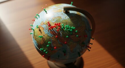 A miniature globe covered with red and green pushpins, indicating locations across Europe and Africa. The globe sits on a wooden desk with a beam of sunlight