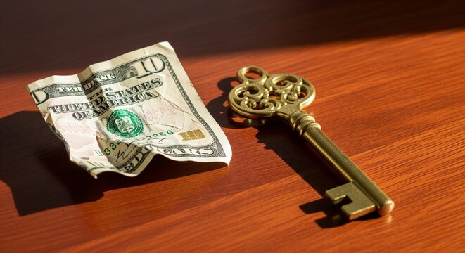 A rustic, antique metal key and a crumpled ten-dollar bill on a wooden surface, partially lit by a sunbeam