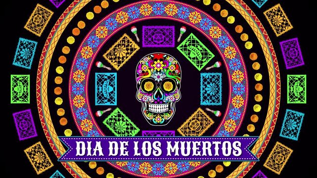 Vibrant Dia de los Muertos Sugar Skull Papel Picado Animated Background Loop