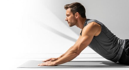 Serene studio portrait of a person in yoga pose on a mat, soft natural light and cinematic profile evoking calm, blank left space for text overlays, high-quality image for ongoing health promotions an