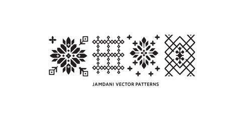Print  Seamless vector pattern set inspired by traditional Bengali Jamdani motifs &ndash; floral, geometric, and lattice designs in minimal style. Editable paths, isolated on white.