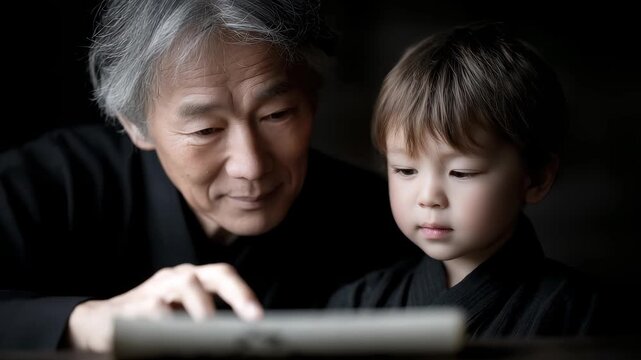 A Heartwarming Scene of Grandfather and Grandson Reading a Scroll Attentively