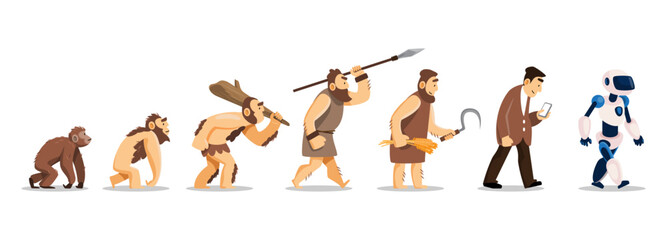 Human evolution cartoon character illustration . Start from prehistoric age, hunter-gatherer age, agricultural age to digital and AI age . Flat design . Isolated white background . Vector .
