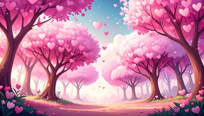 A charming woodland scene with blossoming trees adorned with numerous hearts, creating a sweet and romantic atmosphere.