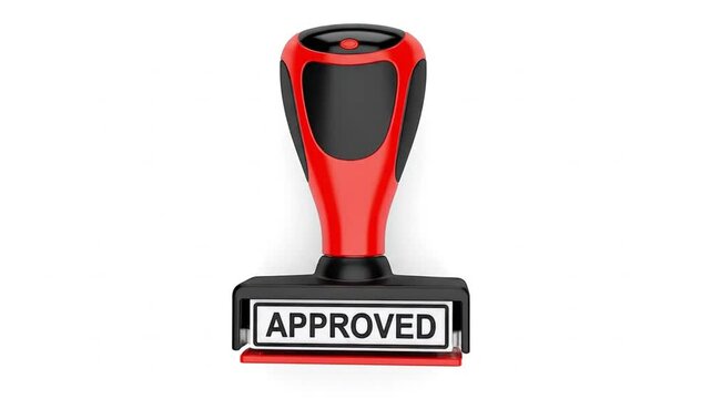 A red and black self-inking rubber stamp stands upright on a white surface displaying the word APPROVED on its base
