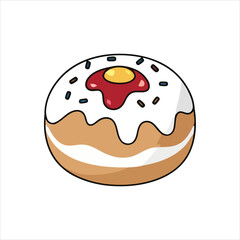 Sweet cartoon donut with white icing glaze, colorful sprinkles, and a delicious red jelly filling. A tasty pastry dessert icon isolated on a white background