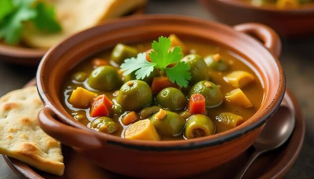 Okra stew served in ceramic bowl with warm flatbread and fresh coriander garnish 