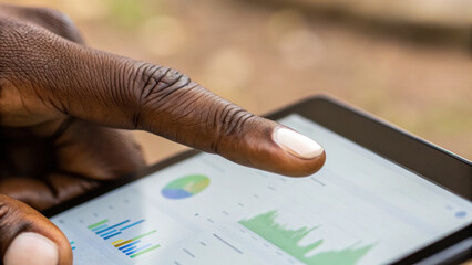Focused person analyzing data on tablet outdoors represents diversity in tech and progress toward business sustainability using modern digital analysis tools