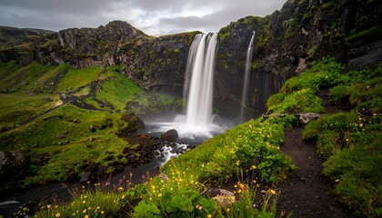 Obraz premium Majestic Seljalandsfoss waterfall in Iceland, surrounded by vibrant green landscape under a cloudy sky.