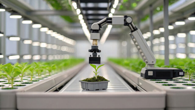 Futuristic robotic arm in smart farm using advanced tech for agricultural sustainability and crop diversity. Automation in modern greenhouse shows hopeful innovation