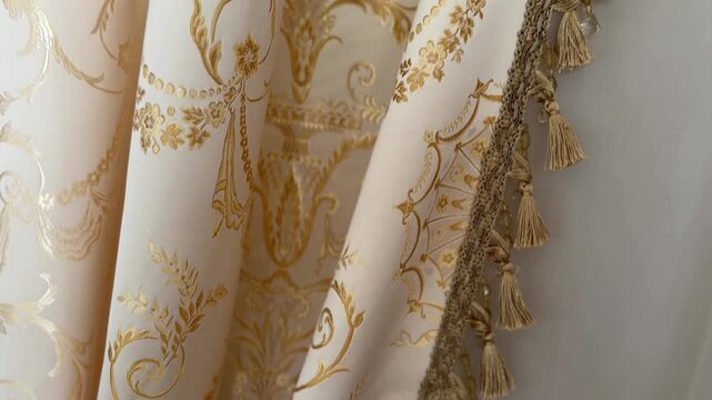 Elegant embroidered fabric with intricate gold patterns and tassels, ideal for background use