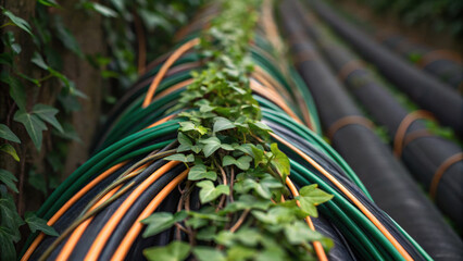 Fototapeta premium Hopeful green ivy growing on an industrial pipeline shows intersection of nature and tech beautiful symbol for sustainability and diversity of our future world