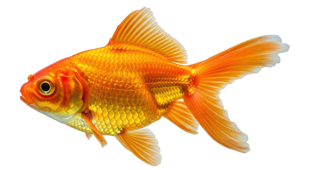 Isolated goldfish swimming in tank looking left, beautiful golden fish, aquarium pet