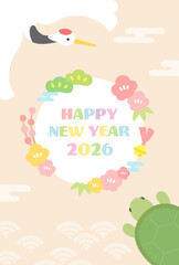 2026年 年賀状イラスト 鶴と亀と賀詞の和風デザイン