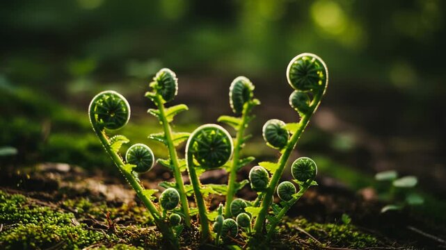 Close-up view of vibrant green fern fiddleheads unfurling in forest floor