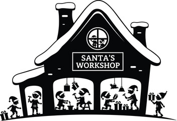 Santas workshop with elves working hard to prepare for christmas, isolated on white background