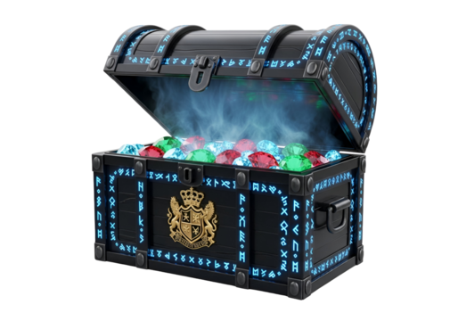 An open treasure chest, overflowing with vibrant gemstones, glows with mystical blue light against a dark background.