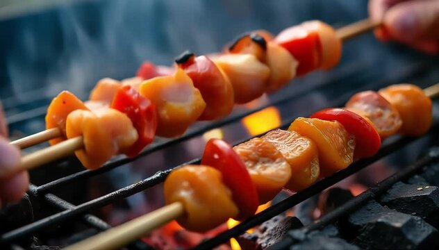 Open flame grilling Filipino isaw skewers with visible smoke and sizzling edges 