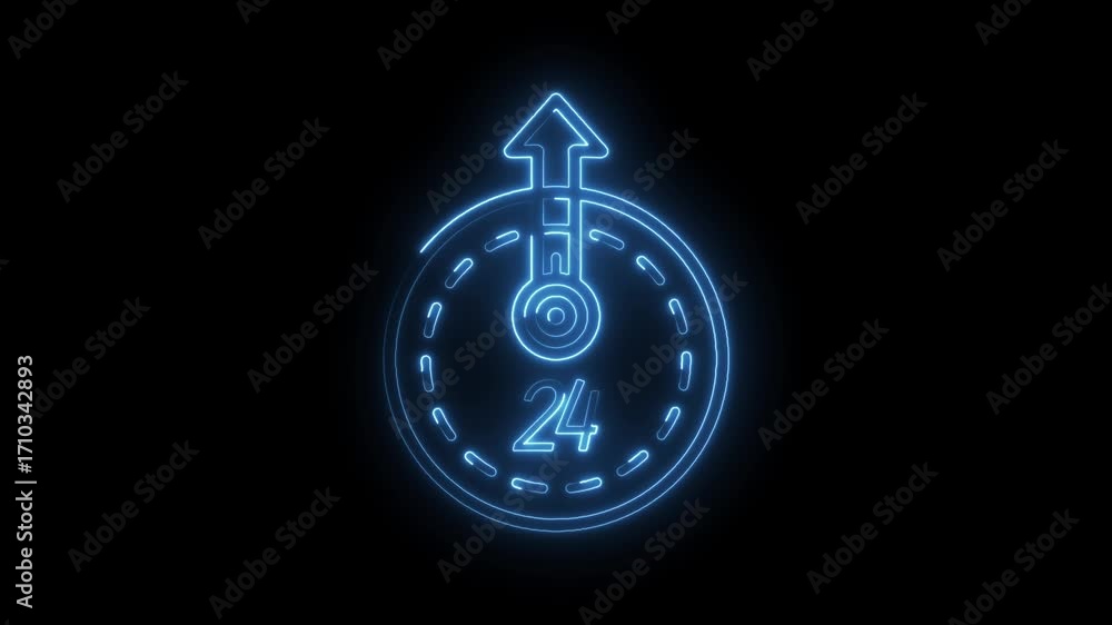 Poster glowing neon clock symbolizing 24 hour service available seamlessly looping on black background