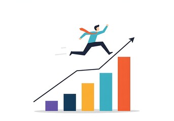 Ambition illustration concept with businessman jump on graph columns.