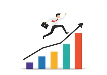 Ambition illustration concept with businessman jump on graph columns.
