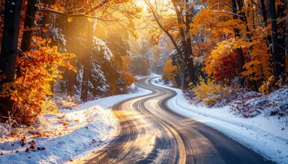 serene winding road through a forest, warm glow of sunlight, autumn foliage, hint of snow