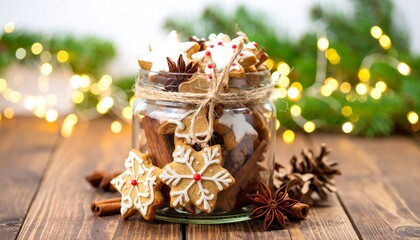 Festive gingerbread cookies in a clear glass jar, adorned with icing and spices, sit on a rustic wooden table amidst twinkling lights.