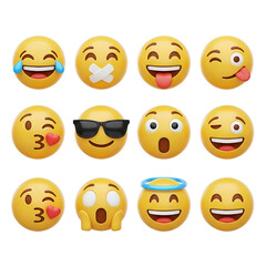 Collection of 12 yellow emoji faces with different expressions isolated on white background