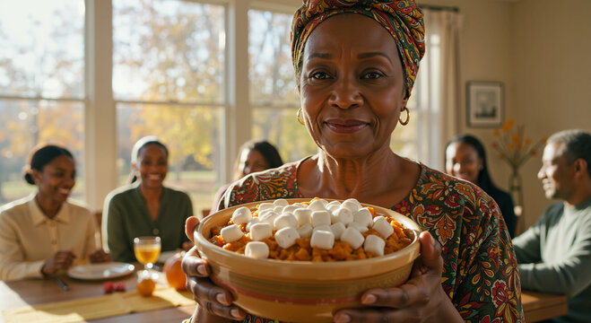 African American Grandma serving mea in a bowl to her smiling relatives at a Thanksgiving dinner, a classic photo for articles about holiday traditions and food.