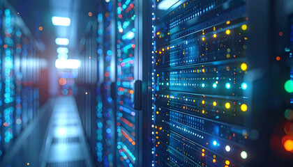 Server Room Sophistication: An impressive display of server racks, brimming with data and advanced technology, forms a visually stunning, high-tech vista.