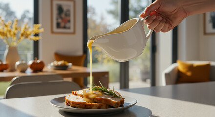 A hand uses a Gravy boat pouring sauce over sliced meat, a delicious image for food blogs and holiday-themed recipe websites.
