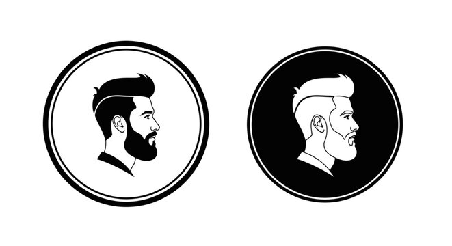 Two circular profile illustrations of a man's head with a styled beard and haircut, presented in both black and white and inverted color schemes.