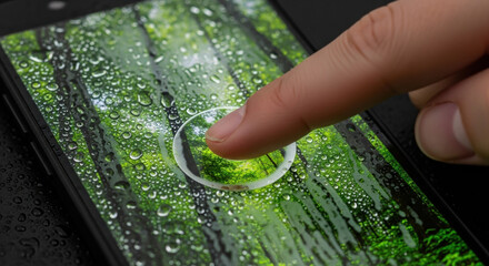 Curious finger touching screen with nature photo explores link between sustainability diversity and tech. magnifying effect represents focus on environmental detail