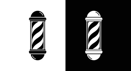 A classic barber pole symbol illustrated in two monochrome styles, black on white and its inverted white on black version.