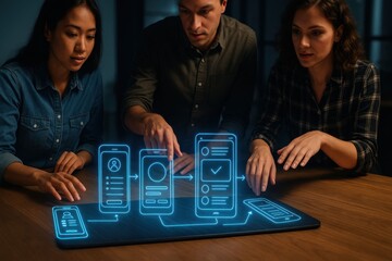 Diverse team of developers collaborating on a futuristic holographic mobile app interface.