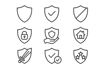 Shield icon set for security and protection. Vector line pictograms for web and apps. Concepts of safety, defense, insurance, privacy, guarantee, data and home security.