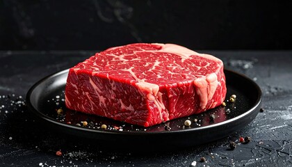 A thick, raw, marbled steak sits centered on a black plate with salt and peppercorns scattered around it, set against a dark background