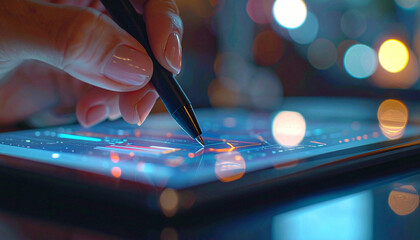 Digital Design Precision: A close-up shot capturing the deft hand of a designer wielding a stylus to create intricate digital artwork on a cutting-edge tablet device.