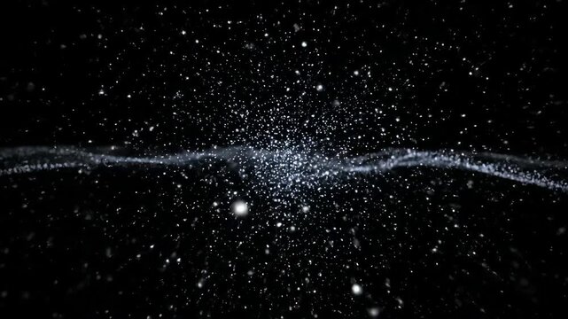 Dynamic cosmic explosion with radiant particles expanding in a dark universe, showcasing a mesmerizing interplay of light and shadow as shimmering stars create a celestial wave effect in space