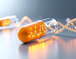 Orange pill with glowing DNA structure