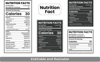 Nutrition Facts Label Template – Vector Food Information Panel with Calories, Fat, Sugar and Daily Value – Editable Nutrition Label Design for Product Packaging
