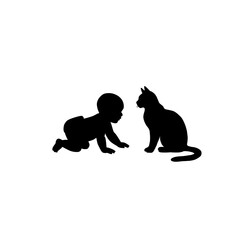 baby and cat illustration siluet 