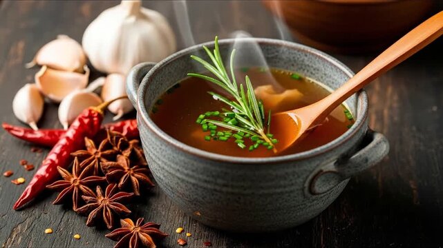 A grey ceramic bowl of steaming brown broth with rosemary chives and a wooden spoon surrounded by garlic red chilies and star anise on a dark wooden surface