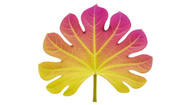 Isolated leaf of Fatsia japonica with yellow to pink color gradient, on seamless background
