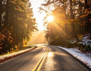 serene winding road through a forest, warm glow of sunlight, autumn foliage, hint of snow