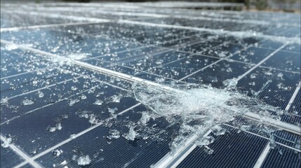 Close-up of damaged solar panels with shattered glass reflecting sunlight