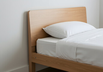 Wooden bed with white linens on transparent background
